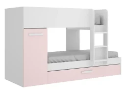 Vente-unique Lits superposés avec tiroir lit gigogne et rangements 3 x 90 x 190 cm - Blanc et rose + matelas - ANTHONY* Lit Avec Rangement