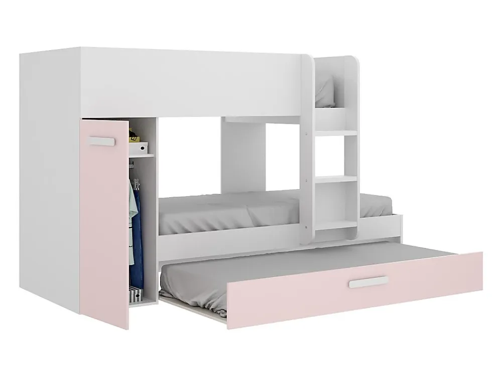 Vente-unique Lits superposés avec tiroir lit gigogne et rangements 3 x 90 x 190 cm - Blanc et rose + matelas - ANTHONY* Lit Avec Rangement