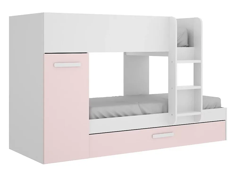 Vente-unique Lits superposés avec tiroir lit gigogne et rangements 3 x 90 x 190 cm - Blanc et rose - ANTHONY*Enfant Lit Enfant
