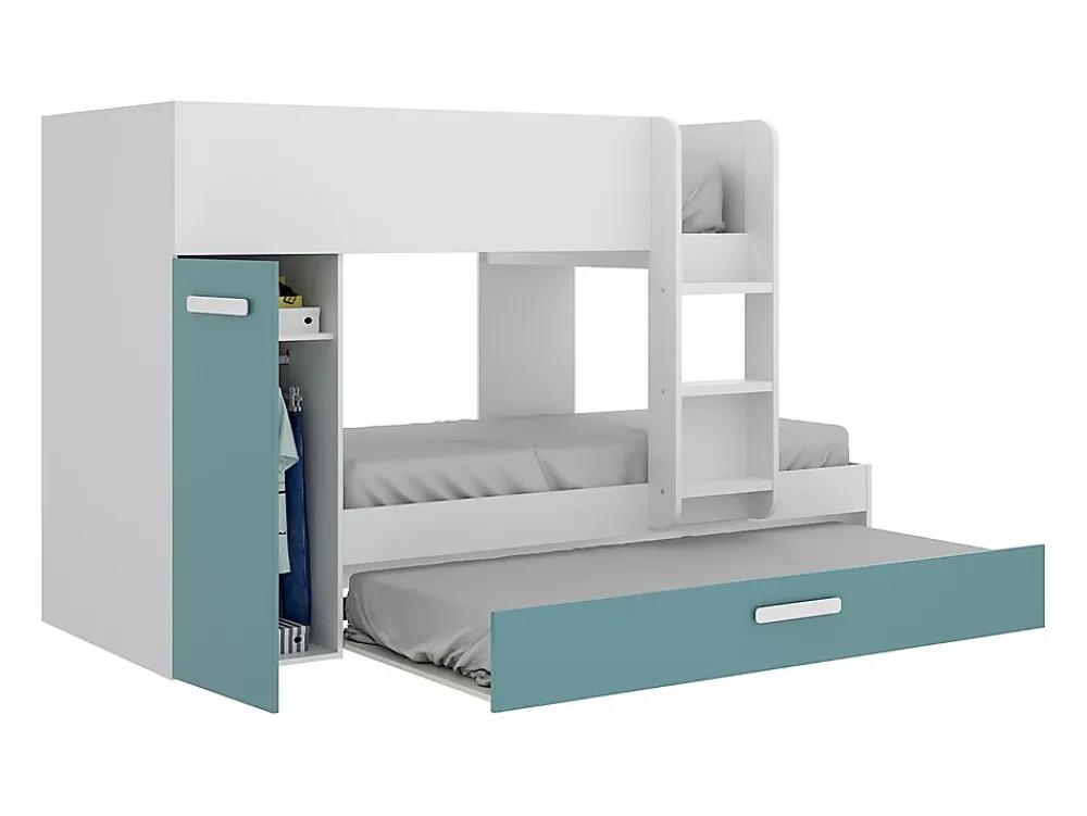 Vente-unique Lits superposés avec tiroir lit gigogne et rangements 3 x 90 x 190 cm - Blanc et bleu - ANTHONY*Enfant Lit Enfant