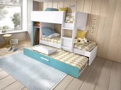 Vente-unique Lits superposés avec tiroir lit gigogne et rangements 3 x 90 x 190 cm - Blanc et bleu - ANTHONY*Enfant Lit Enfant