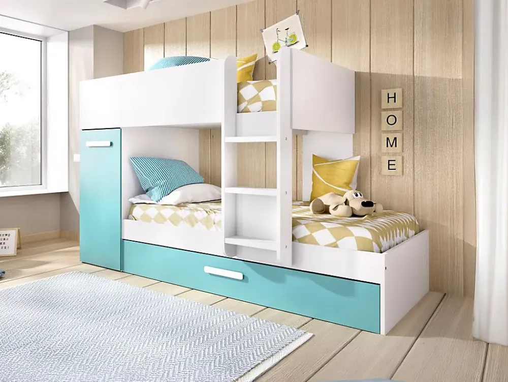 Vente-unique Lits superposés avec tiroir lit gigogne et rangements 3 x 90 x 190 cm - Blanc et bleu - ANTHONY*Enfant Lit Enfant
