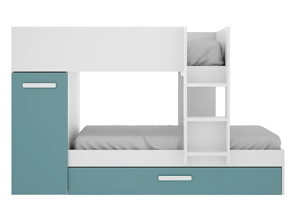 Vente-unique Lits superposés avec tiroir lit gigogne et rangements 3 x 90 x 190 cm - Blanc et bleu - ANTHONY*Enfant Lit Enfant