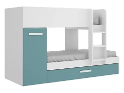 Vente-unique Lits superposés avec tiroir lit gigogne et rangements 3 x 90 x 190 cm - Blanc et bleu - ANTHONY*Enfant Lit Enfant