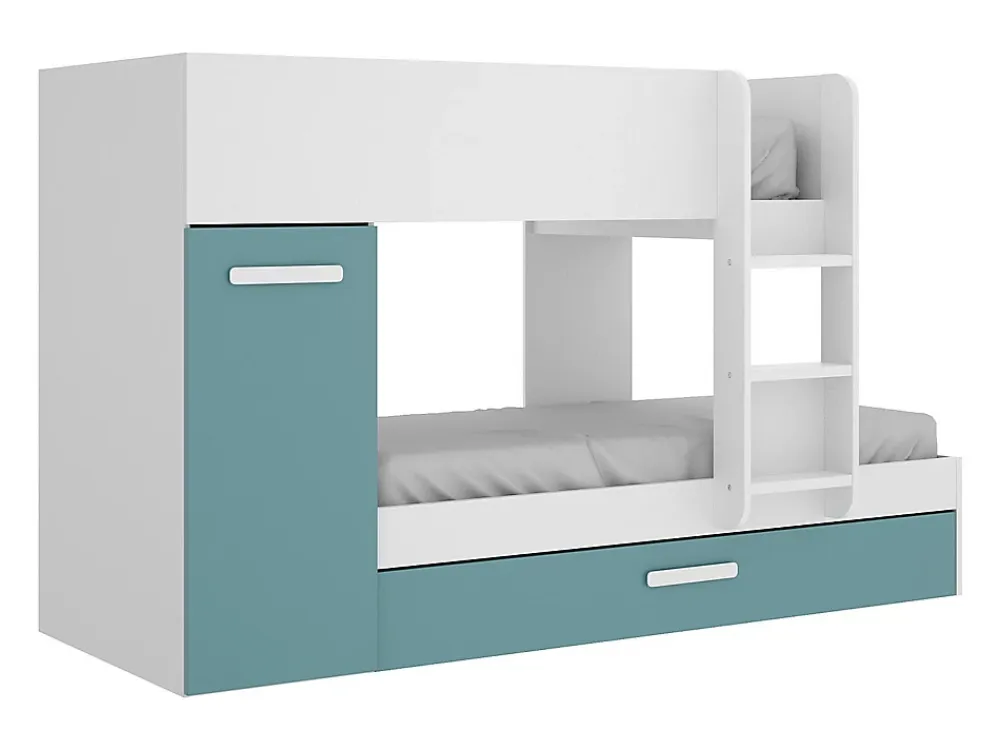 Vente-unique Lits superposés avec tiroir lit gigogne et rangements 3 x 90 x 190 cm - Blanc et bleu - ANTHONY*Enfant Lit Enfant
