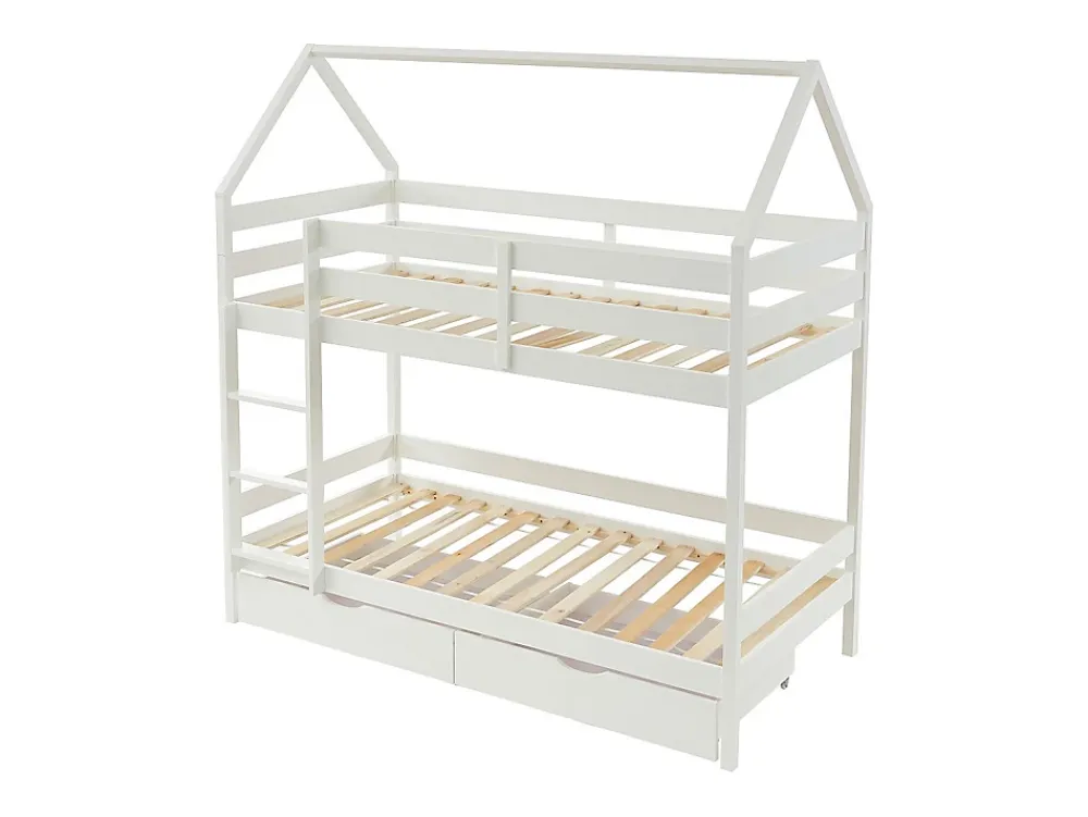 Vente-unique Lits superposés cabane 2 x 90 x 190 cm - 2 tiroirs - Pin - Blanc - CHORI*Enfant Lit Enfant
