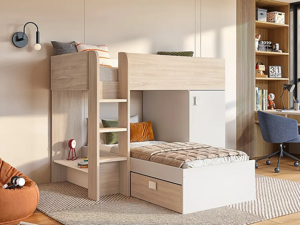 Vente-unique Lits superposés d'angle réversibles RICARDO - 2 x 90 x 190 cm - Rangements intégrés - Chêne et blanc*Enfant Lit Enfant