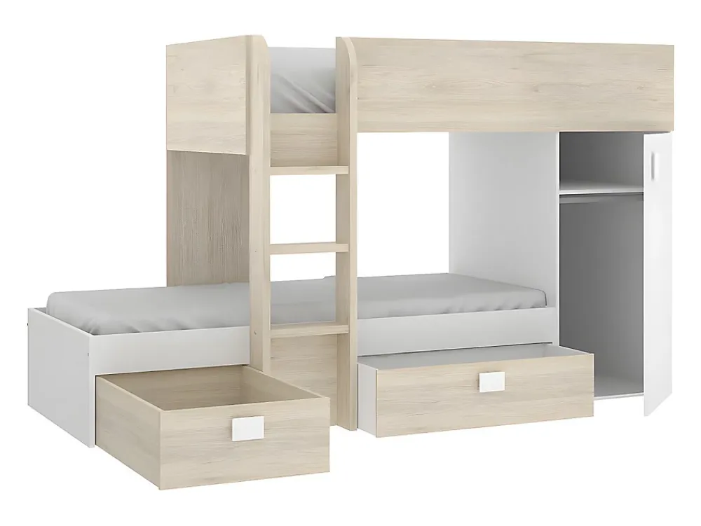 Vente-unique Lits superposés d'angle réversibles RICARDO - 2 x 90 x 190 cm - Rangements intégrés - Chêne et blanc*Enfant Lit Enfant
