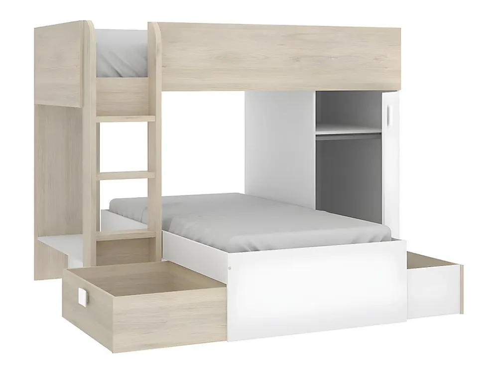 Vente-unique Lits superposés d'angle réversibles RICARDO - 2 x 90 x 190 cm - Rangements intégrés - Chêne et blanc*Enfant Lit Enfant