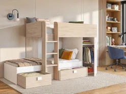 Vente-unique Lits superposés d'angle réversibles RICARDO - 2 x 90 x 190 cm - Rangements intégrés - Chêne et blanc*Enfant Lit Enfant