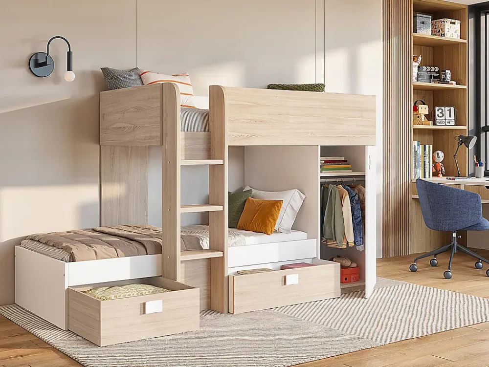 Vente-unique Lits superposés d'angle réversibles RICARDO - 2 x 90 x 190 cm - Rangements intégrés - Chêne et blanc*Enfant Lit Enfant