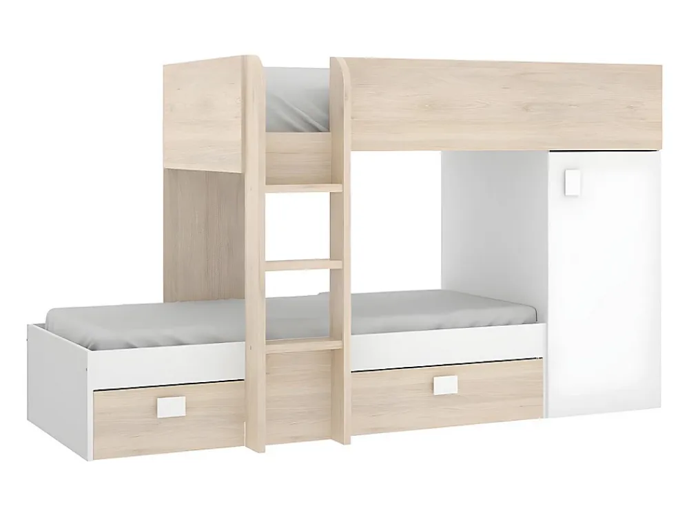 Vente-unique Lits superposés d'angle réversibles RICARDO - 2 x 90 x 190 cm - Rangements intégrés - Chêne et blanc*Enfant Lit Enfant