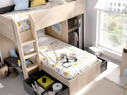 Lits superposés d'angle réversibles RICARDO - 2 x 90 x 190 cm - Rangements intégrés - Chêne et anthracite><noscript><img width=