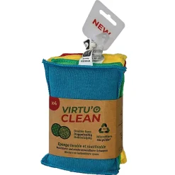 Passat Lot 4 éponges en microfibre recyclée double-face Virtu'O Clean Liseré Vert - jaune, bleu, vert, rouge L.16 x l.10 cm* Eponge