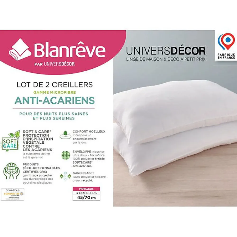 Blanreve Lot de 2 oreillers 45 x 70 cm Blanrêve Gamme "Douceur" traité Anti Acarien* Oreiller Moelleux