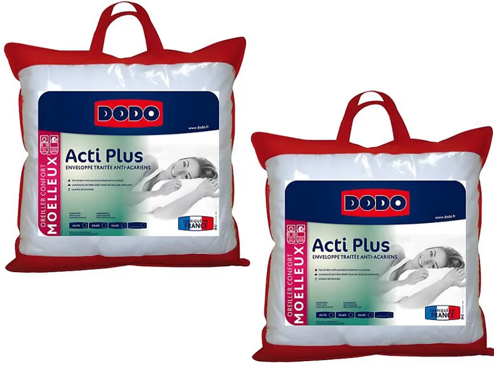 Dodo Lot de 2 oreillers anti allergies - 65x65 cm - ACTI PLUS II* Oreiller Mémoire De Forme