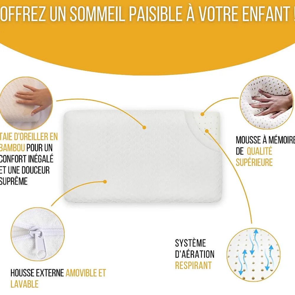 Inphysio Lot de 3 oreillers enfant respirant en tissu de bambou 50x30x5,5 -* Oreiller Mémoire De Forme