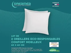 Lot de 2 oreillers recyclés 60 x 60 cm de DREAMEA - Enveloppe 100% microfibre - ROSA><noscript><img width=