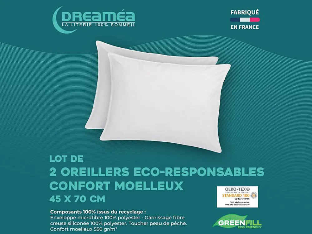 Lot de 2 oreillers recyclés 45 x 70 cm de DREAMEA - Enveloppe 100% microfibre - ROSA>Vente-unique Hot