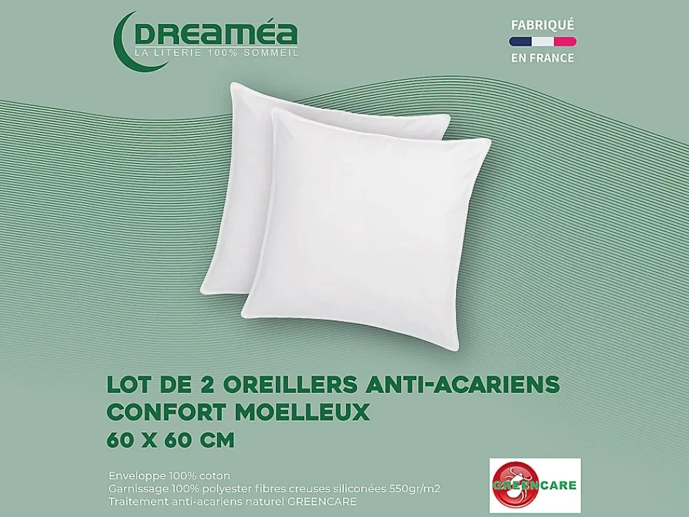 Vente-unique Lot de 2 oreillers traitement anti-acariens naturel Greencare - 60 x 60 cm - 550 gr - Blanc - coton - AZYLIA* Oreiller Moelleux