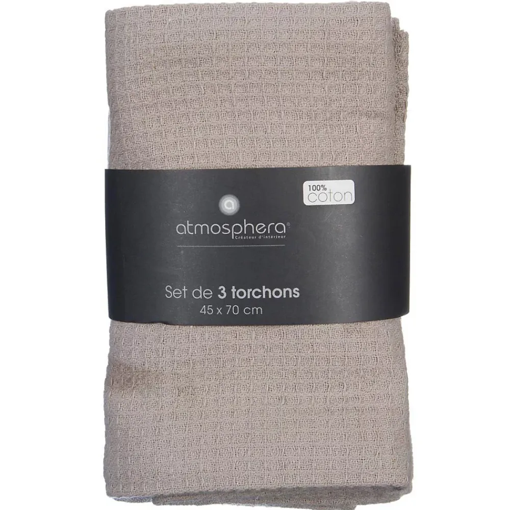 Atmosphera Créateur D'Intérieur Lot de 3 torchons en coton 45x70 - Taupe- Atmosphera* Boutis, Couvre-Lit, Édredon