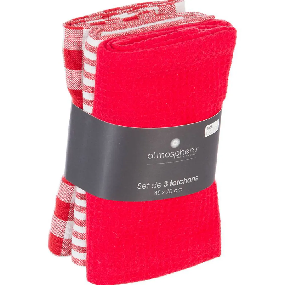Lot de 3 torchons en coton 45x70 - Rouge- Atmosphera>Atmosphera Créateur D'Intérieur Outlet