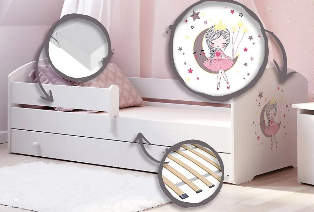 Kobi LUK lit enfant avec tiroir et barreau 140x70 princesse endormie* Lit Avec Rangement
