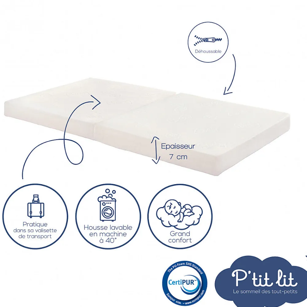 Matelas de Voyage Bébé - 60x120 cm - Pliant - Epaisseur 7 cm : Moelleux et confortable - Idéal pour couchage d'appoint>P’Tit Lit Clearance