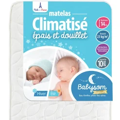 Matelas Enfant/Bébé Climatisé - 1 Face Été Fraîche et 1 Face Hiver Ouatinée - Anti-acarien - Oeko-Tex - Fabrication française>Babysom Discount