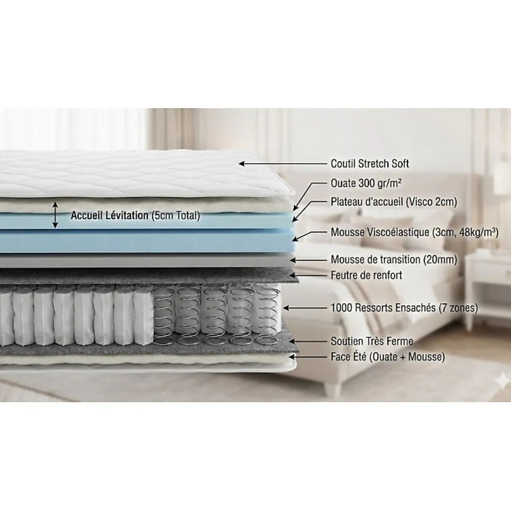 Matelas LEVITATION Très Ferme 1000 + Sommier Tradition Graphic 13 cm + Pieds 120x190 Gris clair Ressorts>Essenzia Hot