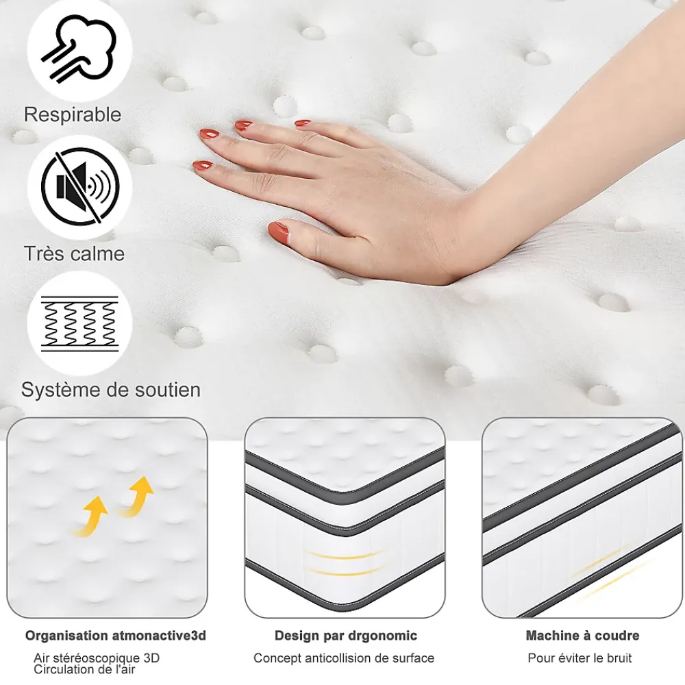 ProximaX Matelas hybride à ressorts ensachés 200x90x25 cm, Indépendance de couchage, soutien ergonomique, tissu respirant 3D, Blanc et gris* Matelas