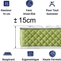 Dagostino Home Matelas Mousse 135x190 Evergreen, Ferme, Réversible, Côté Été/hiver, H15 Cm* Matelas