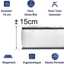 Dagostino Home Matelas Mousse 90x190 New York, Ferme, Réversible, Côté Été/hiver, H15 Cm* Matelas