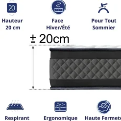 Matelas Mousse 180x200 Onyx, Ferme, Réversible, Côté Été/hiver, H20 Cm><noscript><img width=