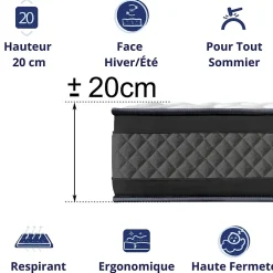 Dagostino Home Matelas Mousse 160x200 Onyx, Ferme, Réversible, Côté Été/hiver, H20 Cm* Matelas