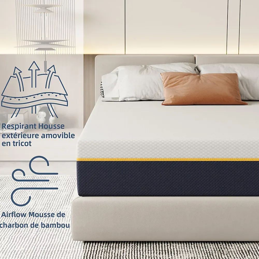 Teeno Matelas pour adulte 90 x 200 cm, épaisseur 21 cm (mousse à mémoire de forme + fibres de charbon de bambou)* Matelas