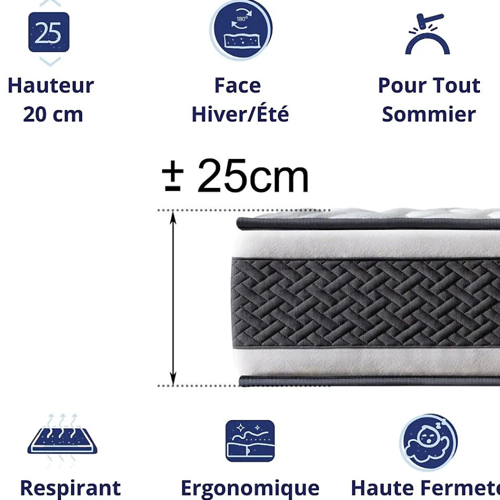 Matelas Ressorts Ensachés 140x190 Montecarlo, Ferme, Réversible, Côté Été/hiver, H25 Cm>Dagostino Home Best