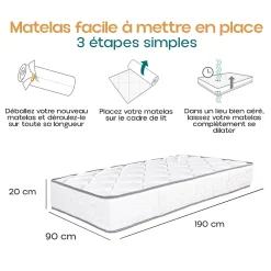 Juanio Matelas RONA 90x190 cm, réversible en mousse Memosoft100 à mémoire de forme et indépendance du couchage, épaisseur 20cm* Matelas
