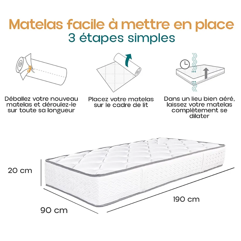 Juanio Matelas RONA 90x190 cm, réversible en mousse Memosoft100 à mémoire de forme et indépendance du couchage, épaisseur 20cm* Matelas
