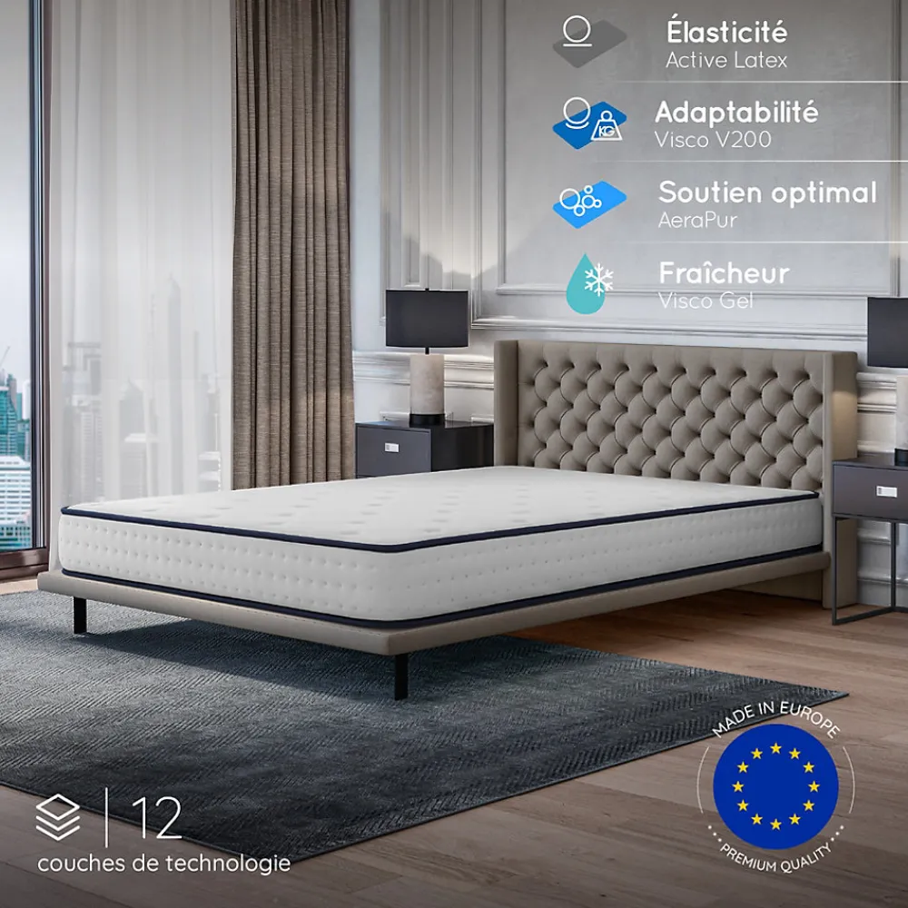 Matelas 160x200 - 21 cm - Mousse mémoire de forme - Blue Latex - Confort Équilibré - 7 zones - Réversible - Durable - Upsilon>Cosmos Discount