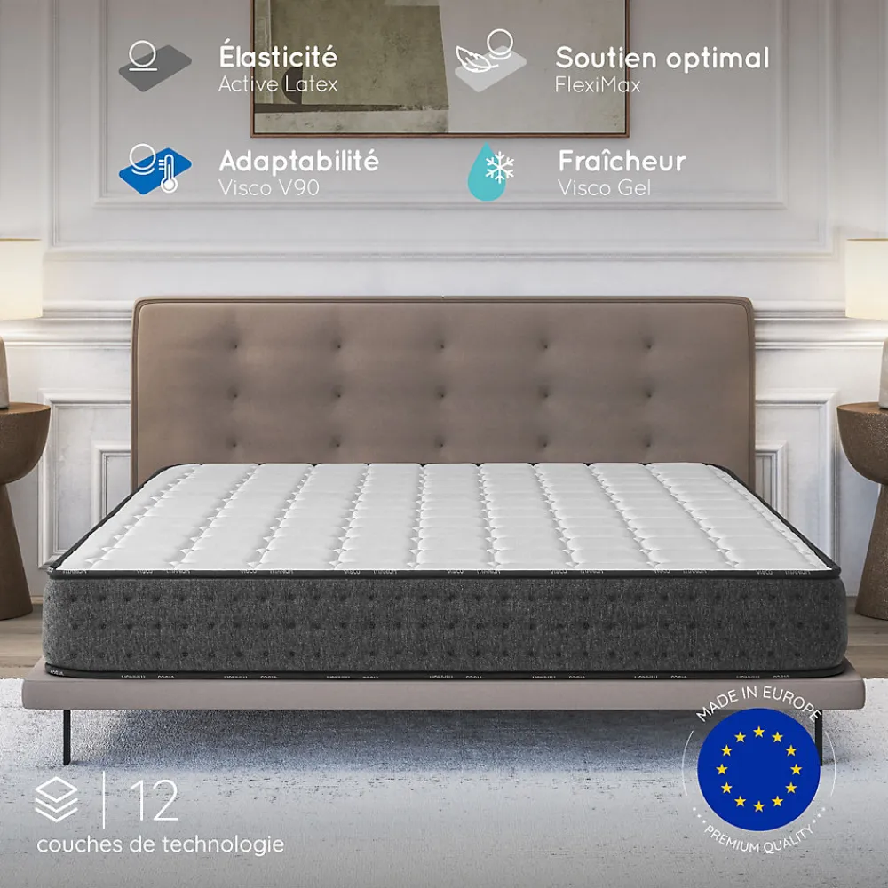 Matelas 160x200 + 2 Oreillers 60x60 Offerts - Épais 21 cm - Mousse - Blue Latex - 7 zones de soutien - Réversible - Equinox>Cosmos Outlet