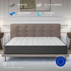 Cosmos Matelas 140x190 + 2 Oreillers 60x60 Offerts - Épais 21 cm - Mousse - Blue Latex - 7 zones de soutien - Réversible - Equinox* Matelas