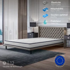 Cosmos Matelas 140x190 - Mousse mémoire de forme - Blue Latex - Confort Équilibré - 7 zones - Réversible - Durable - Upsilon* Matelas