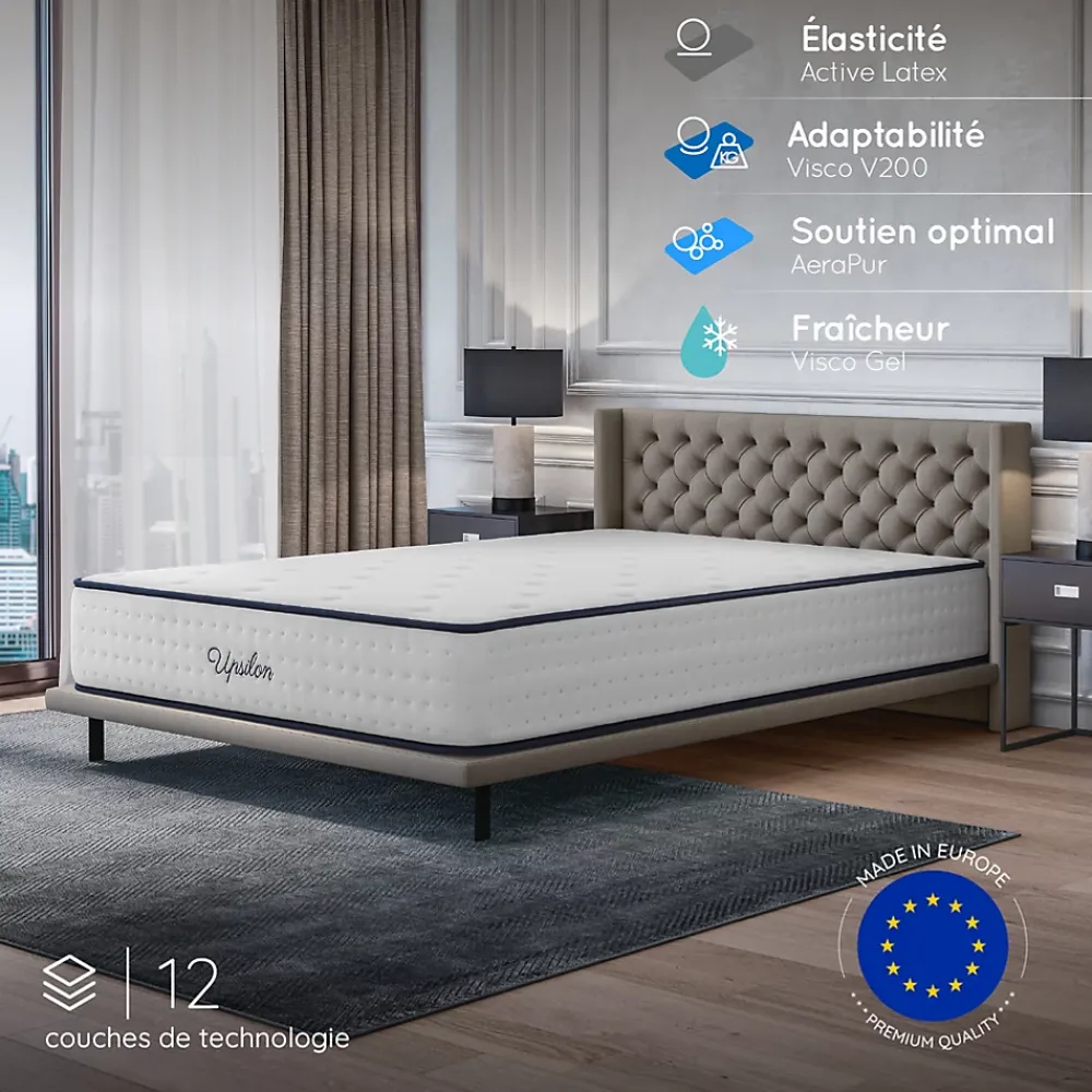 Cosmos Matelas 140x190 - Épais 32 cm - Mousse mémoire de forme - Blue Latex - Confort Ferme - 7 zones - Réversible - Durable - Upsilon* Matelas