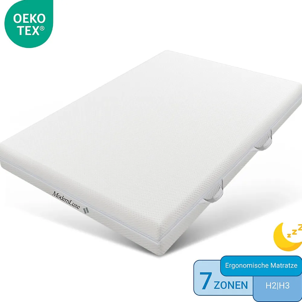 Matelas 160x200 cm - Ergonomique 7 Zones avec Mousse Froide, Confort H2 H3, Housse Amovible Lavable à Fermeture Éclair - Blanc>Okwish New
