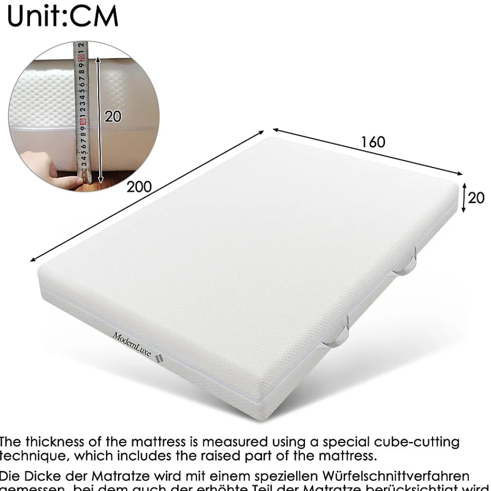 Matelas 160x200 cm - Ergonomique 7 Zones avec Mousse Froide, Confort H2 H3, Housse Amovible Lavable à Fermeture Éclair - Blanc>Okwish New