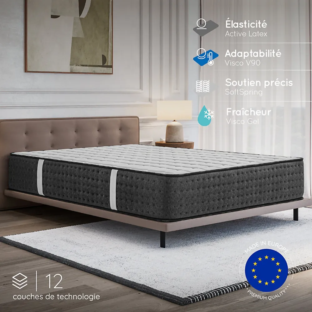 Matelas 140x190 Hybride - Mousse HR - Ressorts ensachés - 30 cm - Réversible - Couchage Indépendant - Blue Latex 7 zones - Equinox>Cosmos Discount