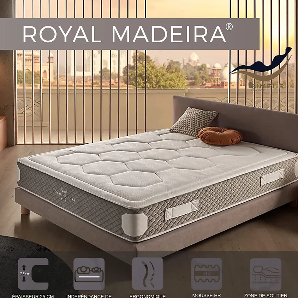 Simpur Low Cost Matelas 140x200 Royal Madeira, ressorts ensachés Healthy Spring, 25 cm, confort HR multizone, ferme et doux, anti-vibrations* Matelas