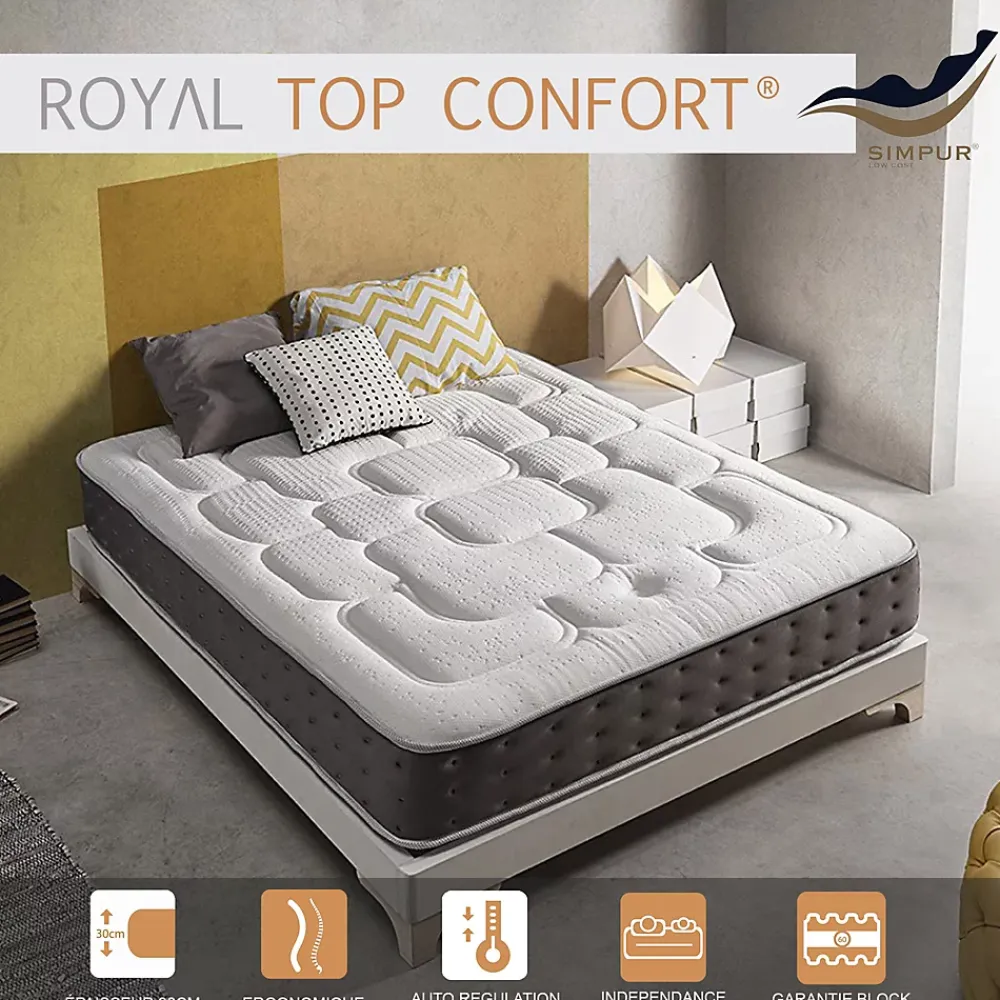 Simpur Low Cost Matelas 135x190 Royal Top, mousse mémoire ViscoGraphene, 30 cm, 11 zones, thermo-régulé, excellente indépendance de couchage* Matelas
