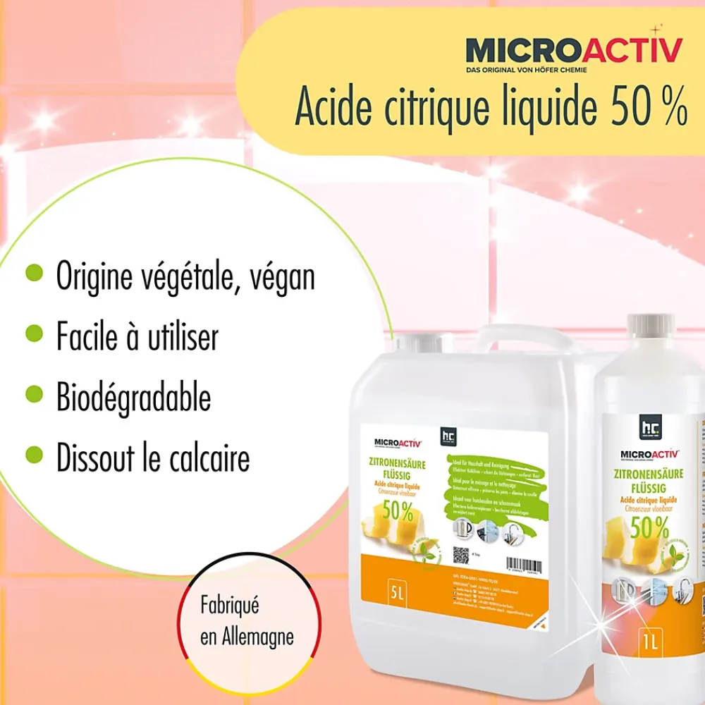 Höfer Chemie Microactiv Acide Citrique Liquide 50% Détartrant Polyvalent 1 x 6 L, Et Économique* Nettoyant Pour Cuisine